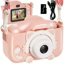 Детский цифровой фотоаппарат для детей Kruzzel  с записью видео игры карта памяти miniSD 16 ГБ Розовый