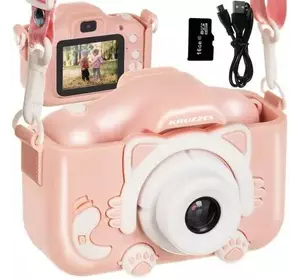 Детский цифровой фотоаппарат для детей Kruzzel  с записью видео игры карта памяти miniSD 16 ГБ Розовый