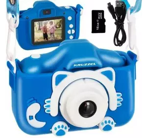 Детский цифровой фотоаппарат для детей Kruzzel  с записью видео игры карта памяти miniSD 16 ГБ Синий